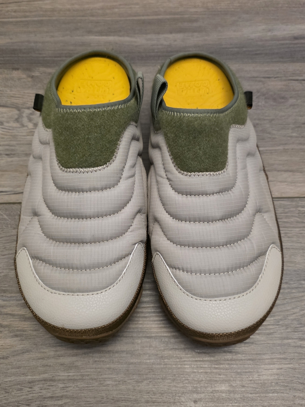Teva Kids Quilted Slip-On Shoes in Light Gray and Olive with Yellow Insole